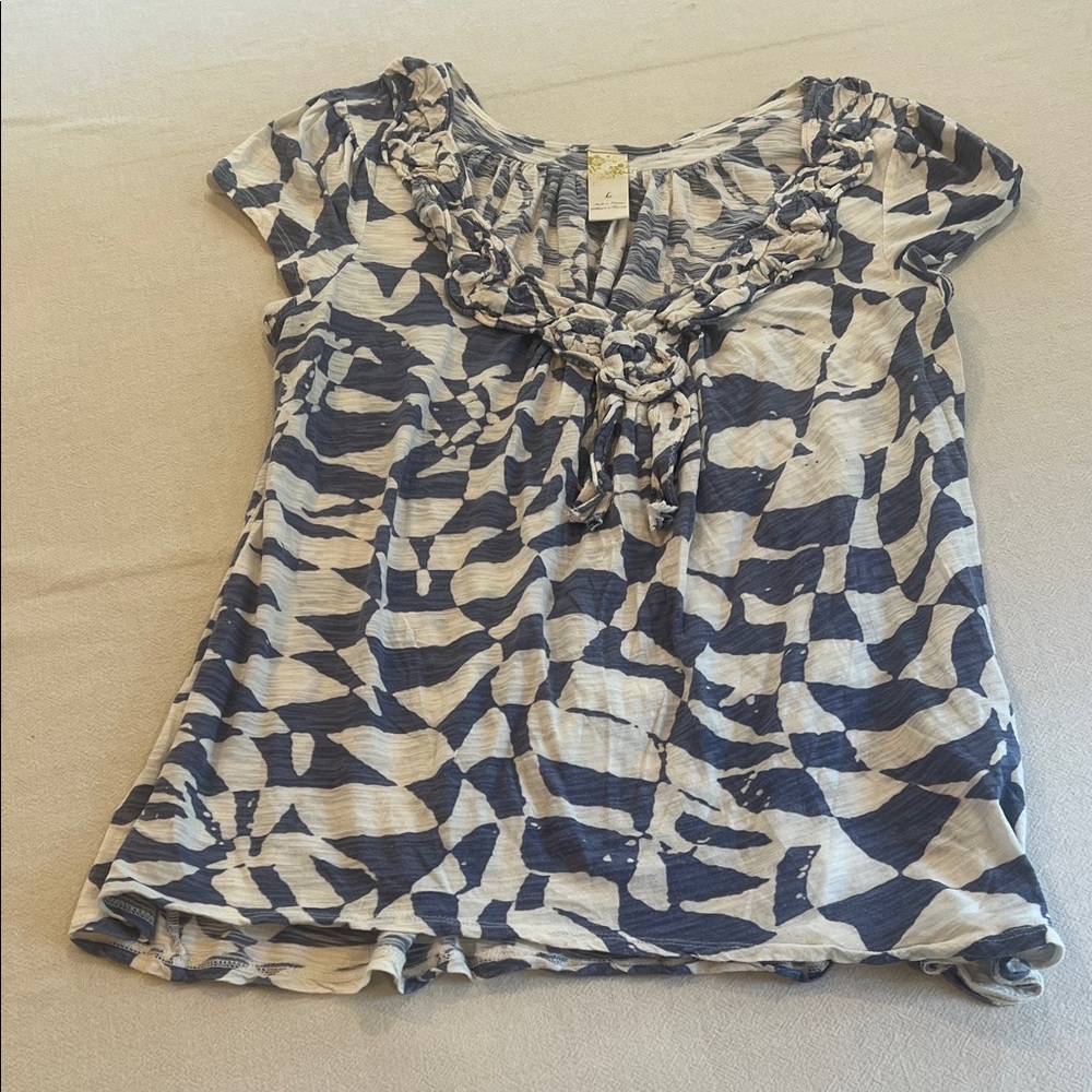 Women’s Short Sleeve Patterned Scoop Neck Top - Navy & Cream